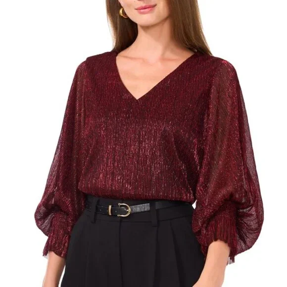 Vince Camuto Women's Metallic V-Neck Sheer-Sleeve Top, Wine Color Holiday - Picture 1 of 7